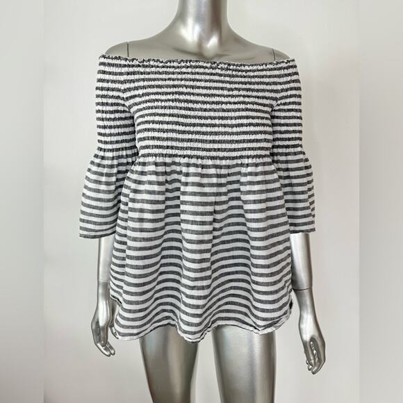 C&C California Smocked Bell Sleeve Striped 100% Linen Top Medium - Picture 4 of 8